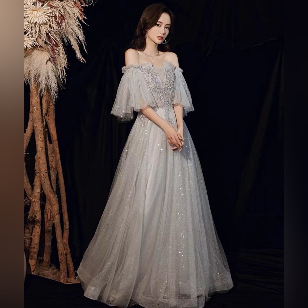 Ethereal light grey glitter beaded tulle formal prom dress